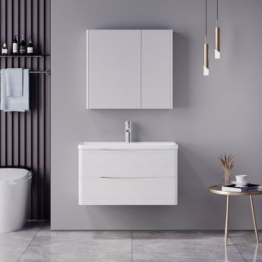 Tzouena Mentis vanity with washbasin faucet and mirror in white and chrome