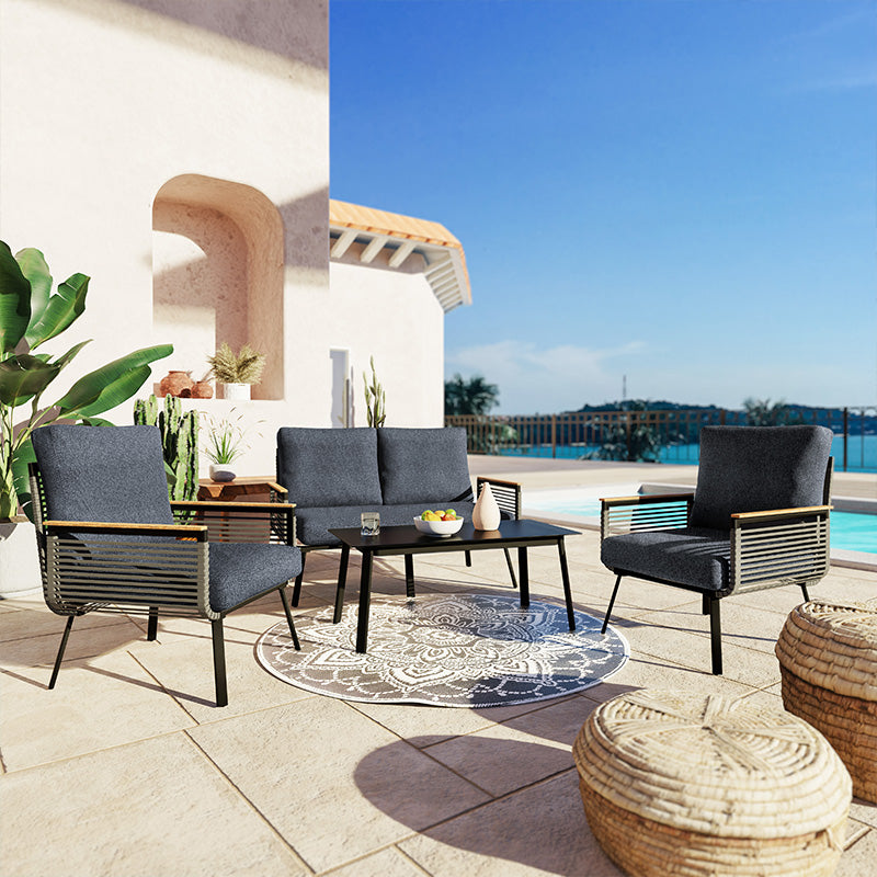 Lipari lounge set 4pc aluminum black-pe rattan fabric anthracite-plywood natural