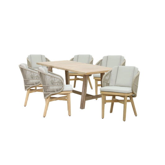 Dining table Malibu-Farem pakoworld 7pcs solid wood acacia-eucalyptus-beige fabric