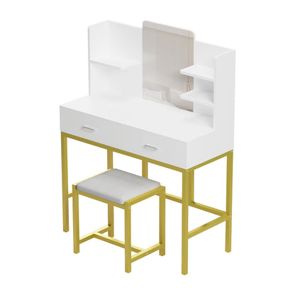 Dressing table-mirror with stool Excellence pakoworld white melamine-gold metal 90x40x120cm