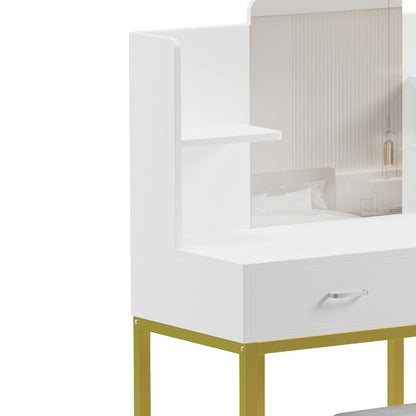 Dressing table-mirror with stool Excellence pakoworld white melamine-gold metal 90x40x120cm