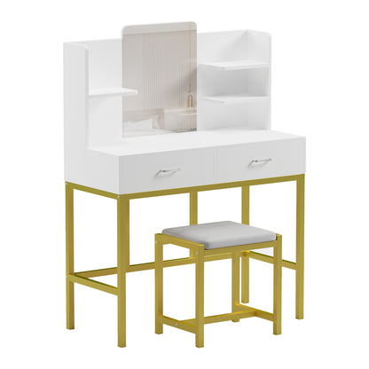 Dressing table-mirror with stool Excellence pakoworld white melamine-gold metal 90x40x120cm