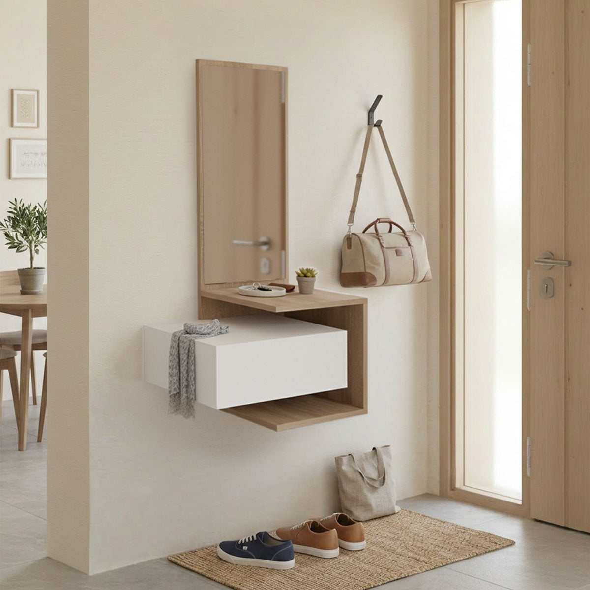 Kendi Entryway Furniture by , wall-mounted with mirror, in white-sonoma finish 49.1x31.3x90 cm.