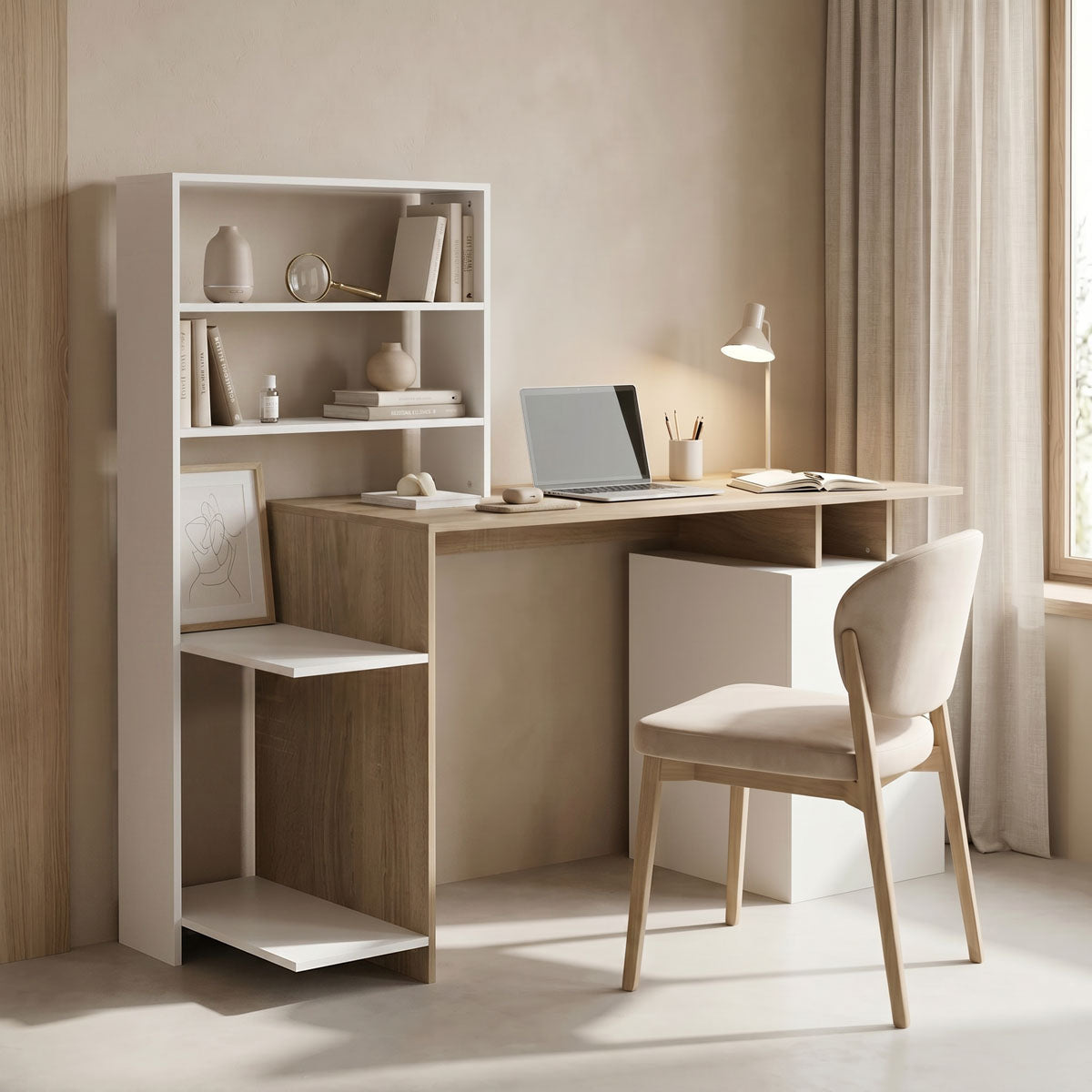 Office desk with a bookshelf and a cabinet Meza in sonoma-white color 146.3x55x128.8cm