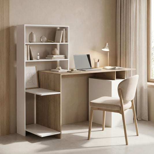Office desk with a bookshelf and a cabinet Meza in sonoma-white color 146.3x55x128.8cm