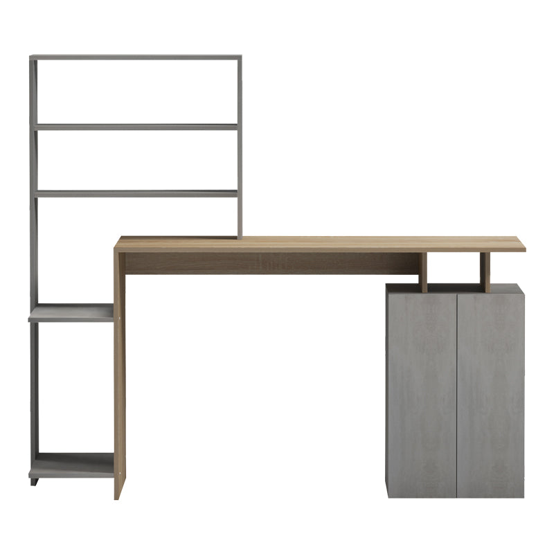 Ofiice desk with a bookshelf and a cabinet Meza pakoworld in sonoma-grey cement color 146.3x55x128.8cm