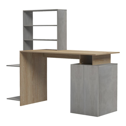 Ofiice desk with a bookshelf and a cabinet Meza pakoworld in sonoma-grey cement color 146.3x55x128.8cm