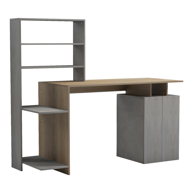 Ofiice desk with a bookshelf and a cabinet Meza pakoworld in sonoma-grey cement color 146.3x55x128.8cm