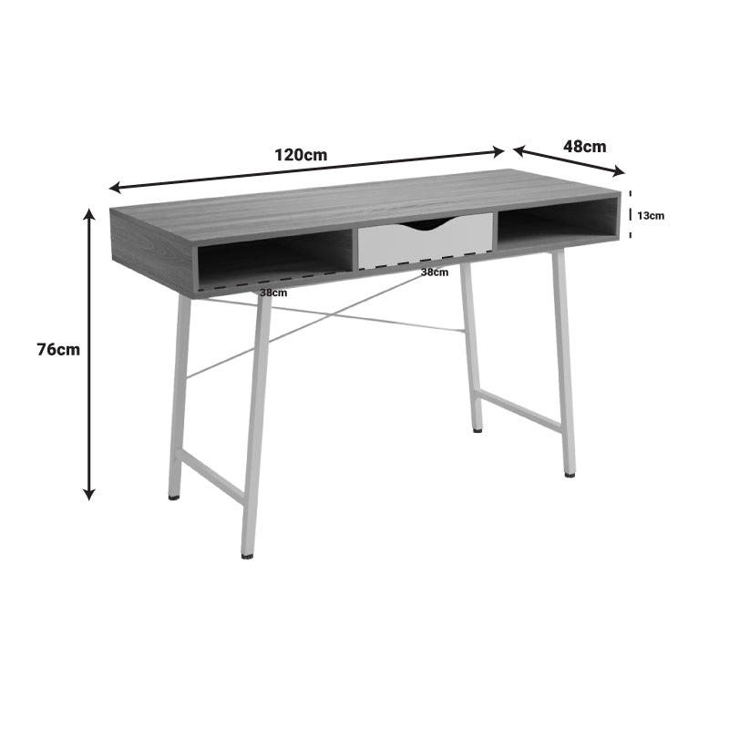 Office desk Komo in sonoma-grey color with black metallic legs 120x48x76cm