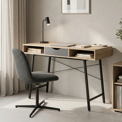 Office desk Komo in sonoma-grey color with black metallic legs 120x48x76cm