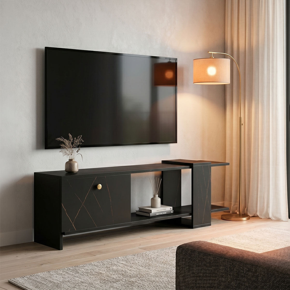 Standi TV cabinet in black-black marble shade 120x25x36.8cm