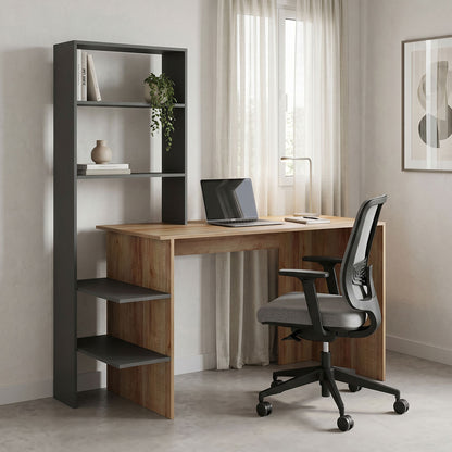 Bivoro work desk with shelf in oak-gray shade 140χ55x150cm