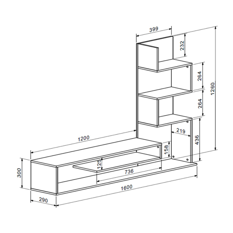 Cazenda tv unit with bookcase in oak and dark grey color 160x29x126cm