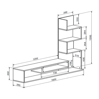 Cazenda tv unit with bookcase in oak and dark grey color 160x29x126cm