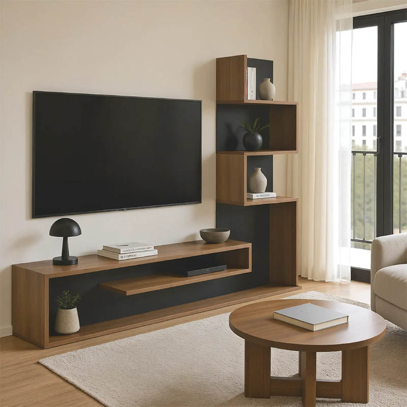 Cazenda tv unit with bookcase in oak and dark grey color 160x29x126cm