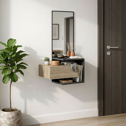 Kendi wall-mounted entrance furniture with mirror in anthracite-sonoma 49.1x31.3x90cm