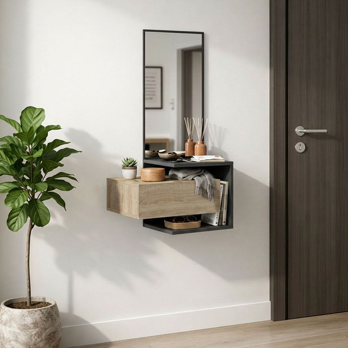 Kendi wall-mounted entrance furniture with mirror in anthracite-sonoma 49.1x31.3x90cm