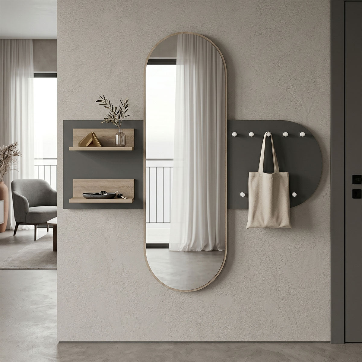 Entrance unit with coat rack and mirror Baunty sonoma-anthracite 125x11x122cm