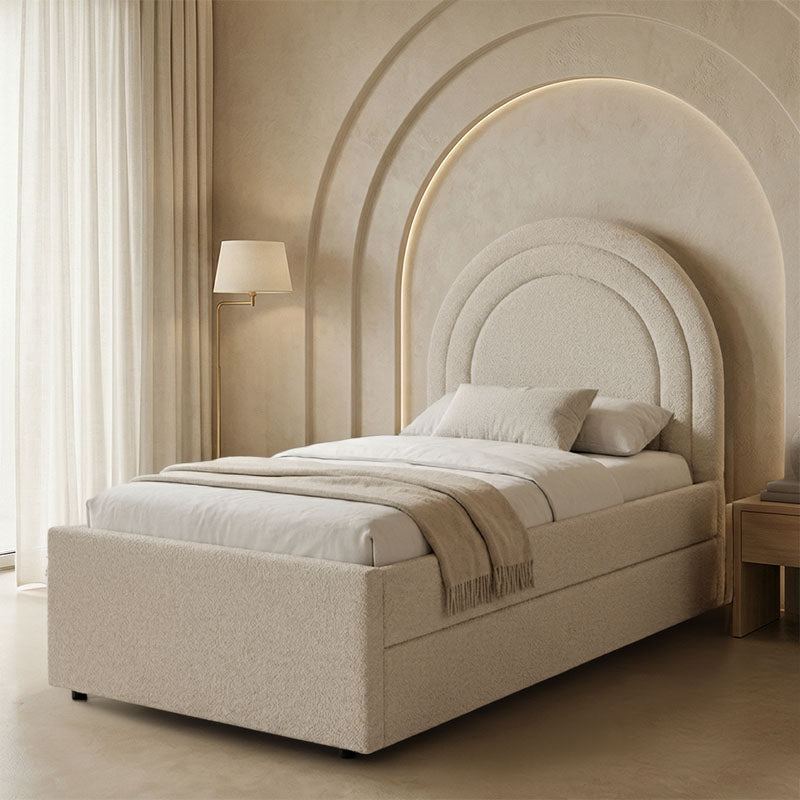 Arcuate bed beige boucle fabric with sliding bed 90x200cm