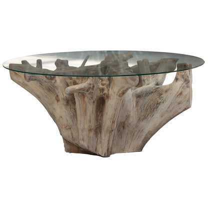 Coffee table Balance pakoworld glass 6mm tempered-handmade teak wood natural 100x100x46cm