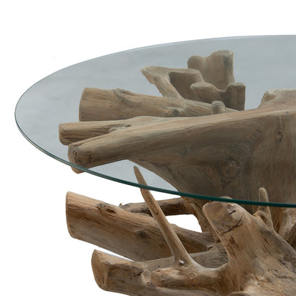 Coffee table Balance pakoworld glass 6mm tempered-handmade teak wood natural 100x100x46cm