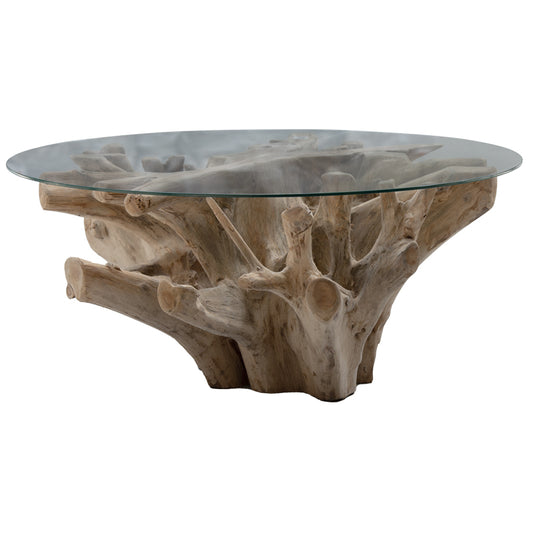 Coffee table Balance pakoworld glass 6mm tempered-handmade teak wood natural 100x100x46cm