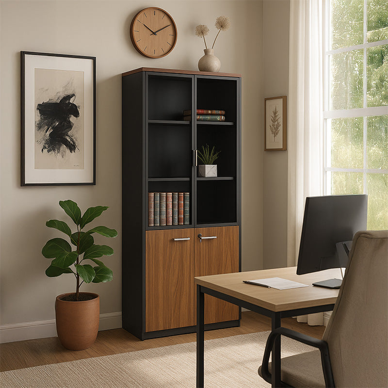 Professional bookcase Oscar with doors by glass walnut-anhracite color 80x40x200cm