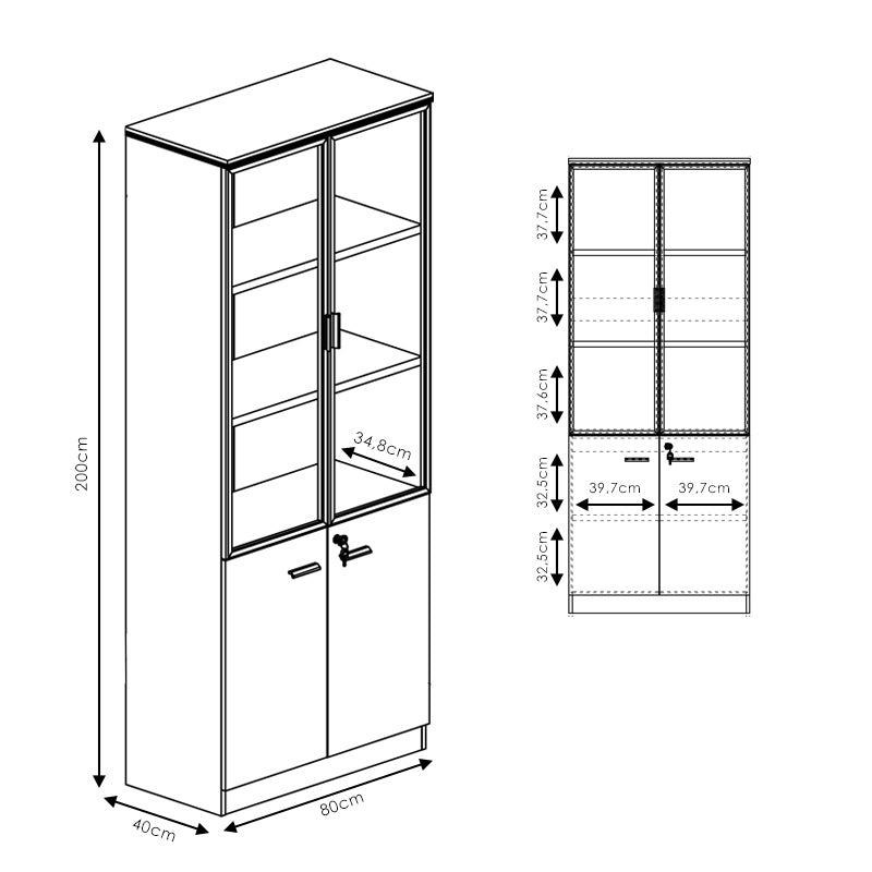Professional bookcase Oscar with doors by glass walnut-anhracite color 80x40x200cm