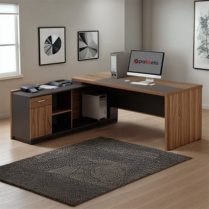Professional desk with left corner Oscar melamine in walnut-charcoal shade 240x180x76cm