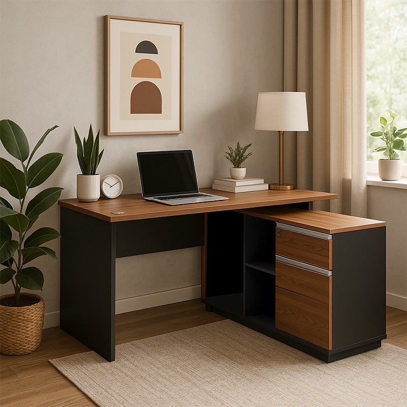 Professional desk with right corner Oscar melamine in walnut-anthracite shade140x120x76cm