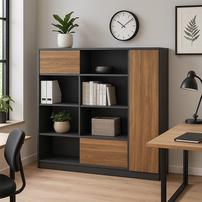 Professional oscar professional office display bookcase melamine in walnut-charcoal shade 180x40x180cm