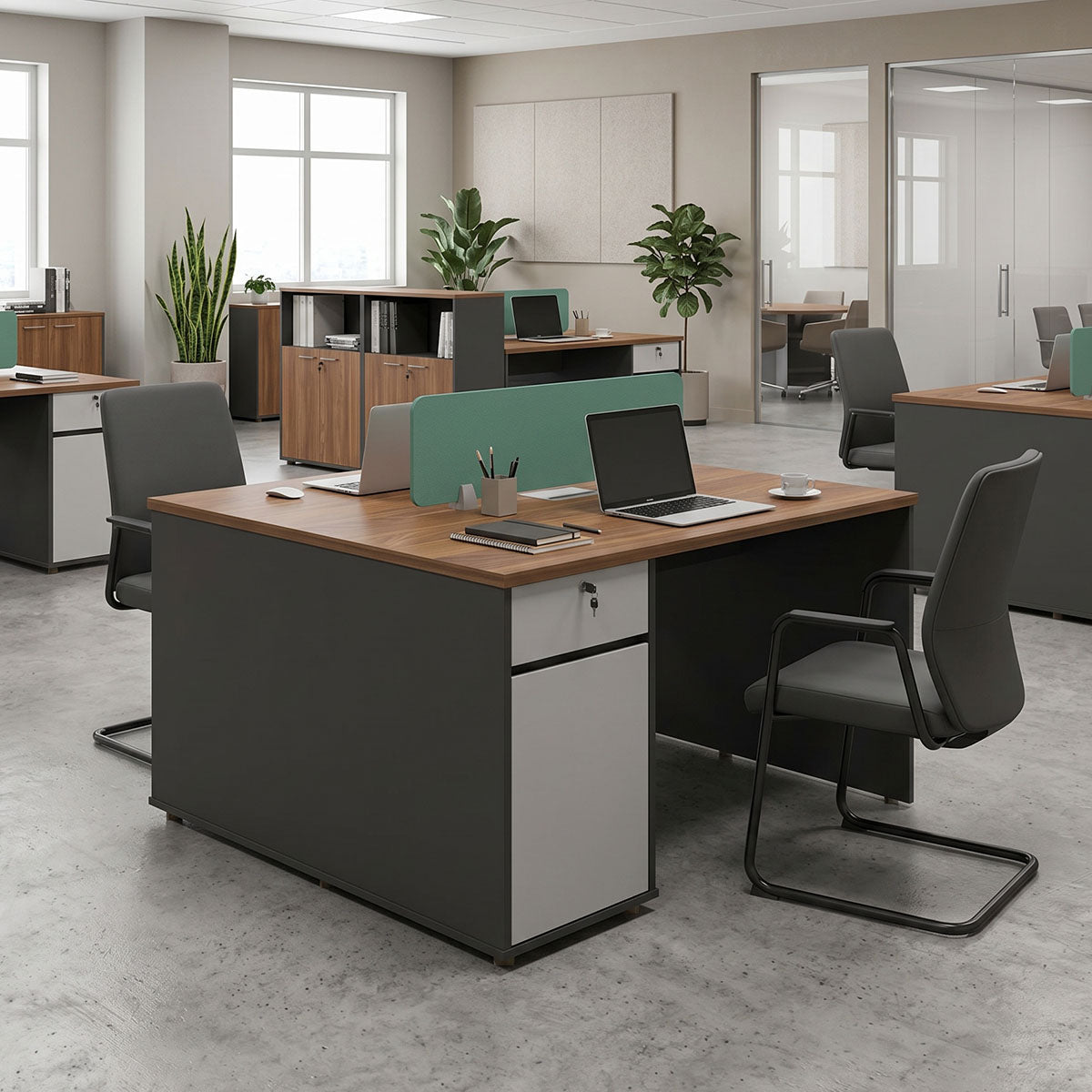 Professional 2-seater Dakota desk in walnut-anthracite shade 120x120x76cm