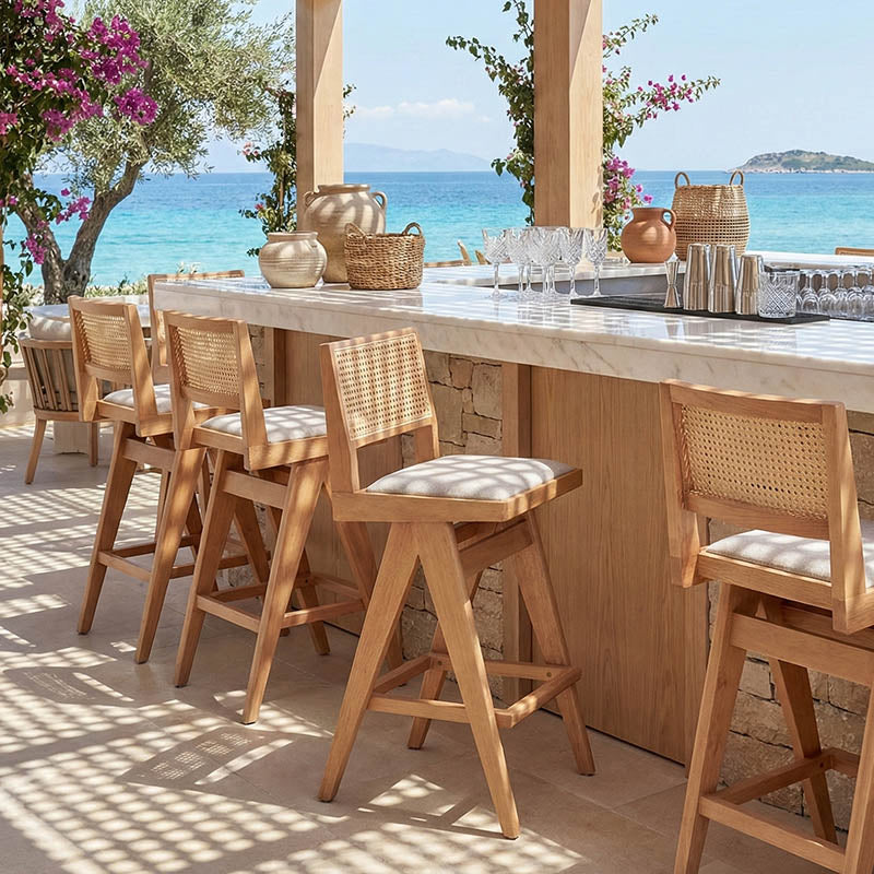Bar stool Winslow wood rubberwood light walnut-pvc rattan natural-fabric gray 44.5x46x98cm