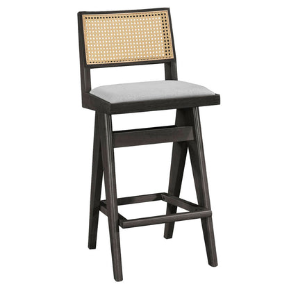 Bar stool Winslow pakoworld wood rubberwood black-pvc rattan natural-fabric gray 44.5x46x98cm