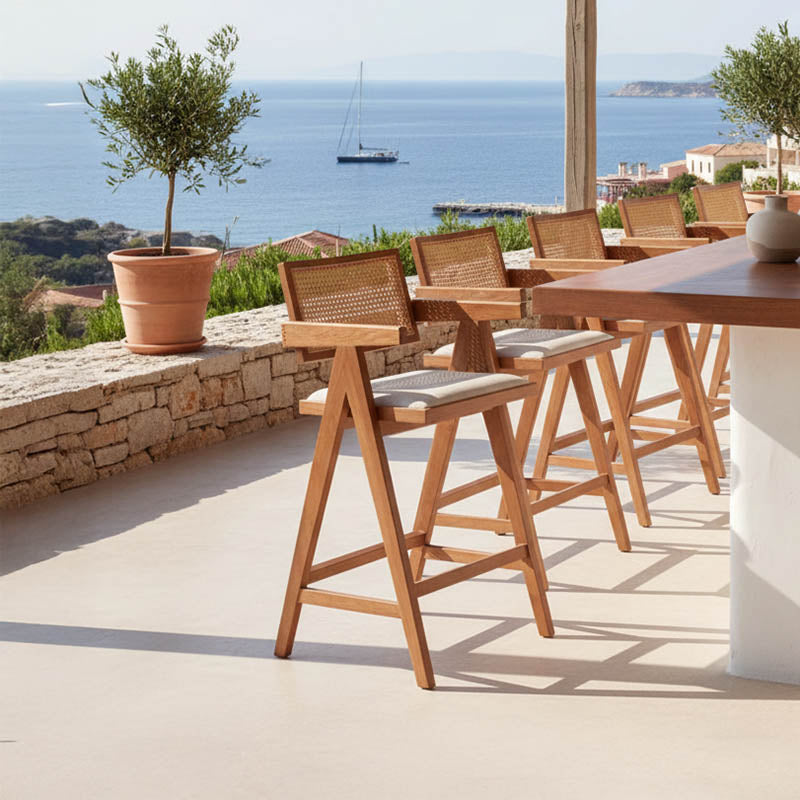Bar stool with arms Winslow wood rubberwood light walnut-pvc rattan natural-fabric gray