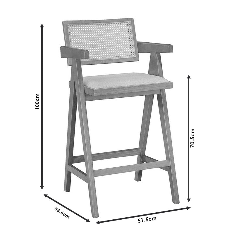 Bar stool with arms Winslow pakoworld wood rubberwood light walnut-pvc rattan natural-fabric gray