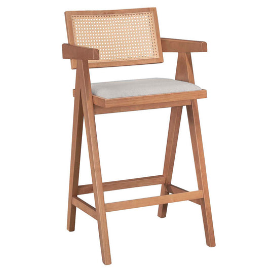 Bar stool with arms Winslow pakoworld wood rubberwood light walnut-pvc rattan natural-fabric gray