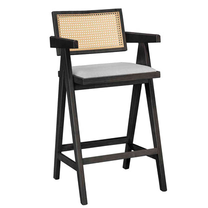 Bar stool with arms Winslow pakoworld wood rubberwood black-pvc rattan natural-fabric gray