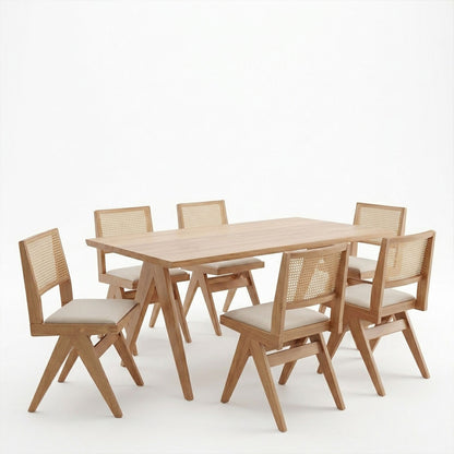 Winslow dining table set of 7 rubberwood in light walnut shade 160x85x75cm