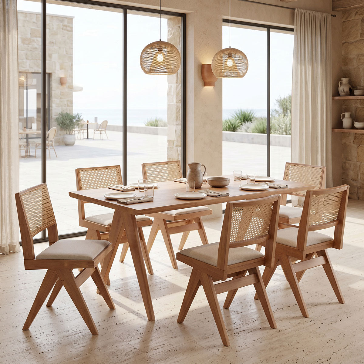 Winslow dining table set of 7 rubberwood in light walnut shade 160x85x75cm