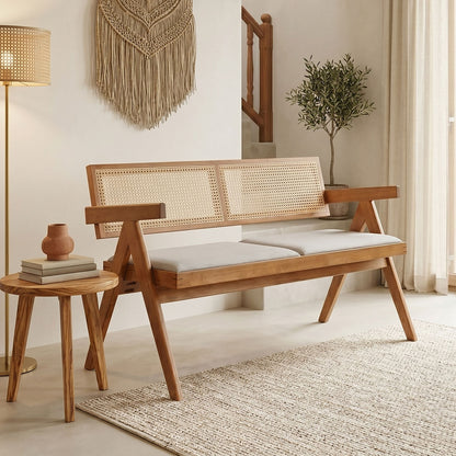 Winslow rubberwood 2-seater sofa in light walnut color-light grey fabric 130x60x77.5cm