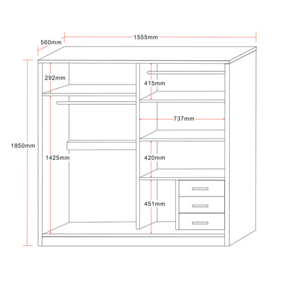 Wardrobe with 2 sliding doors Chase pakoworld in white colour 152.5x56.5x185cm