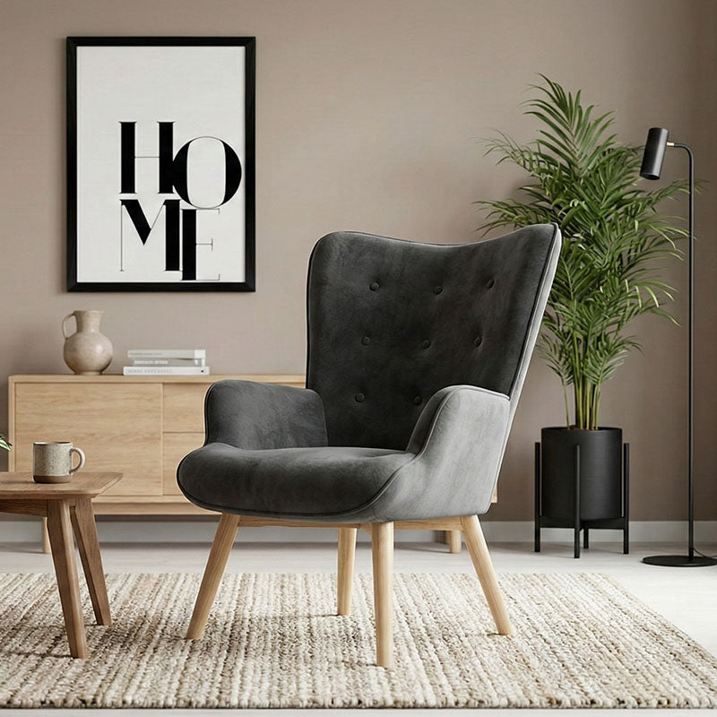 Armchair Fluffy velvet fabric dark grey-natural leg 75x69x96cm