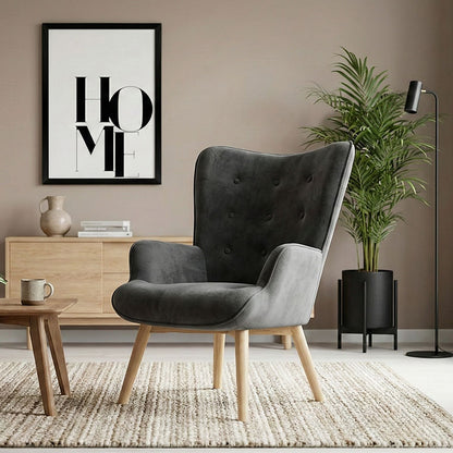 Armchair Fluffy velvet fabric dark grey-natural leg 75x69x96cm