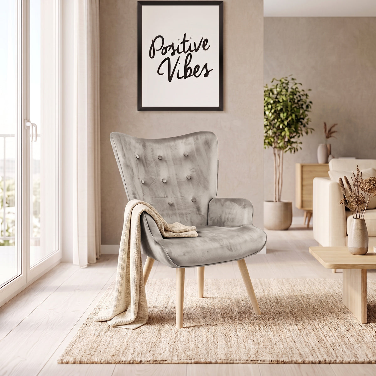 Armchair Fluffy velvet fabric beige-natural leg 75x69x96cm