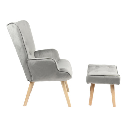 Armchair with footstool Vivienne pakoworld velvet fabric grey-natural leg 75x69x96cm