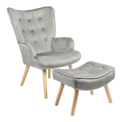 Armchair with footstool Vivienne pakoworld velvet fabric grey-natural leg 75x69x96cm