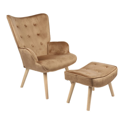 Armchair with footstool Vivienne pakoworld velvet fabric taupe-natural leg 75x69x96cm