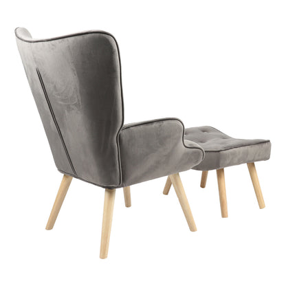 Armchair with footstool Vivienne pakoworld velvet fabric dark grey-natural leg 75x69x96cm