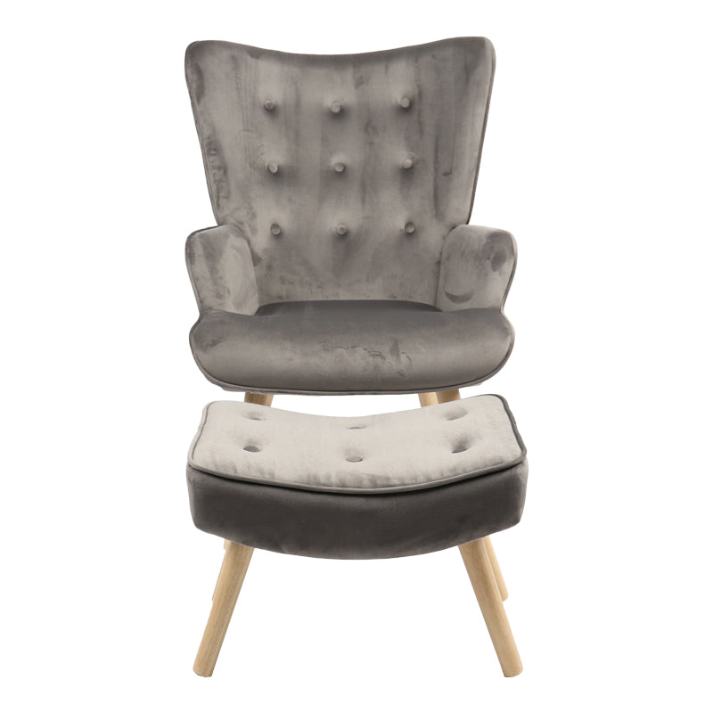 Armchair with footstool Vivienne pakoworld velvet fabric dark grey-natural leg 75x69x96cm